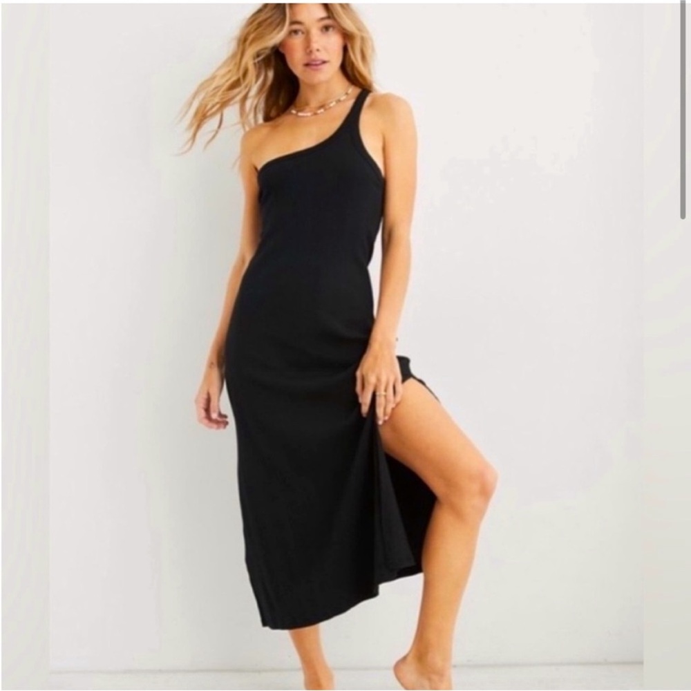 aerie Black One-Shoulder Midi Dress with Side Slit